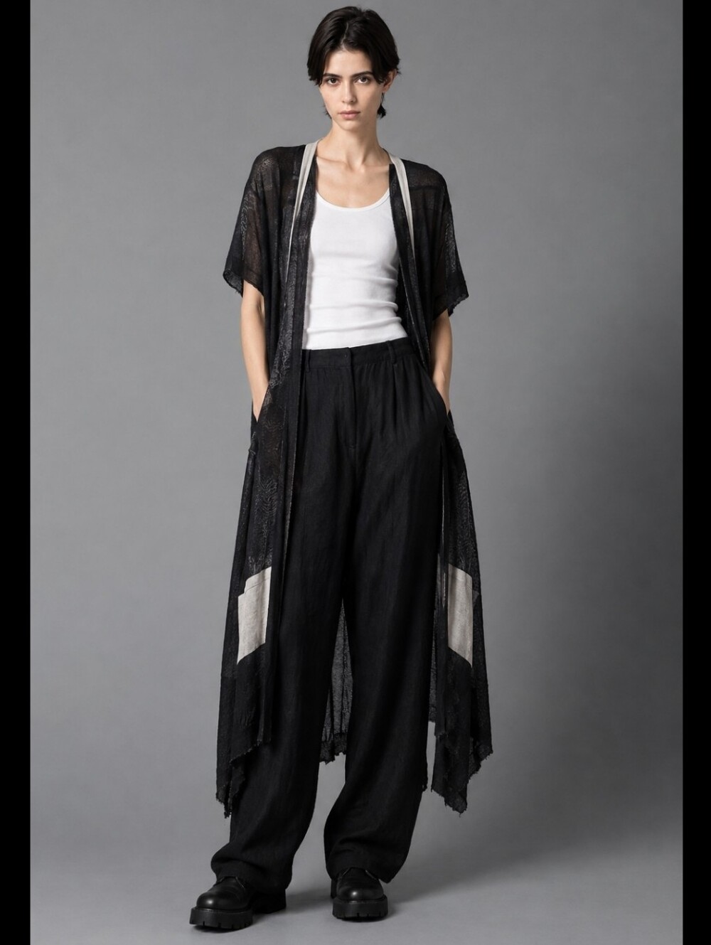 YOHJI YAMAMOTO Black Sheer Silk Organzab Kimono Layer  Robe Cardigan Reversible